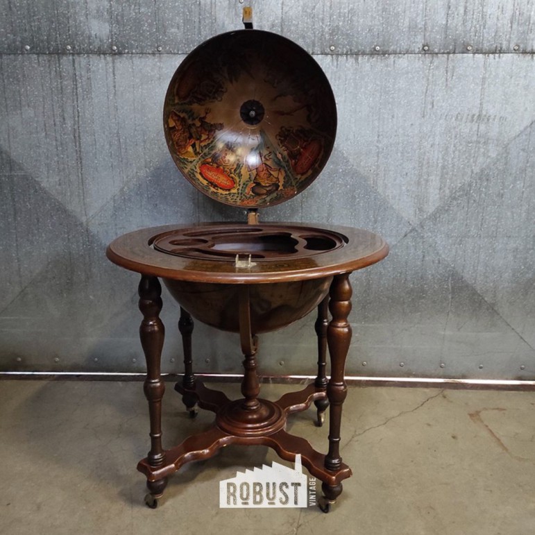 GIANTEX Wereldbol Bar Van Eucalyptushout - Vintage Rolbare Wijnbar Met Flessenhouder, Prachtige Schilderingen, 47x47x90 Cm